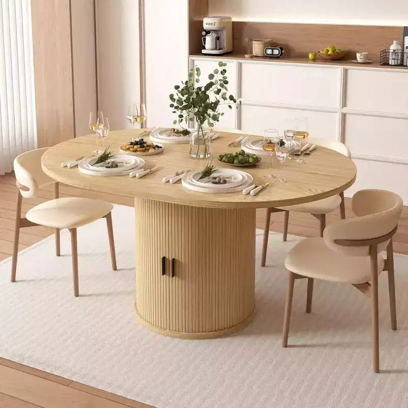 Dyonery 63 Tavolo da cucina e sala da pranzo rotondo allungabile con ripiano portaoggetti a 2 livelli, con base a piedistallo, mobili da pranzo in legno ovale, noce