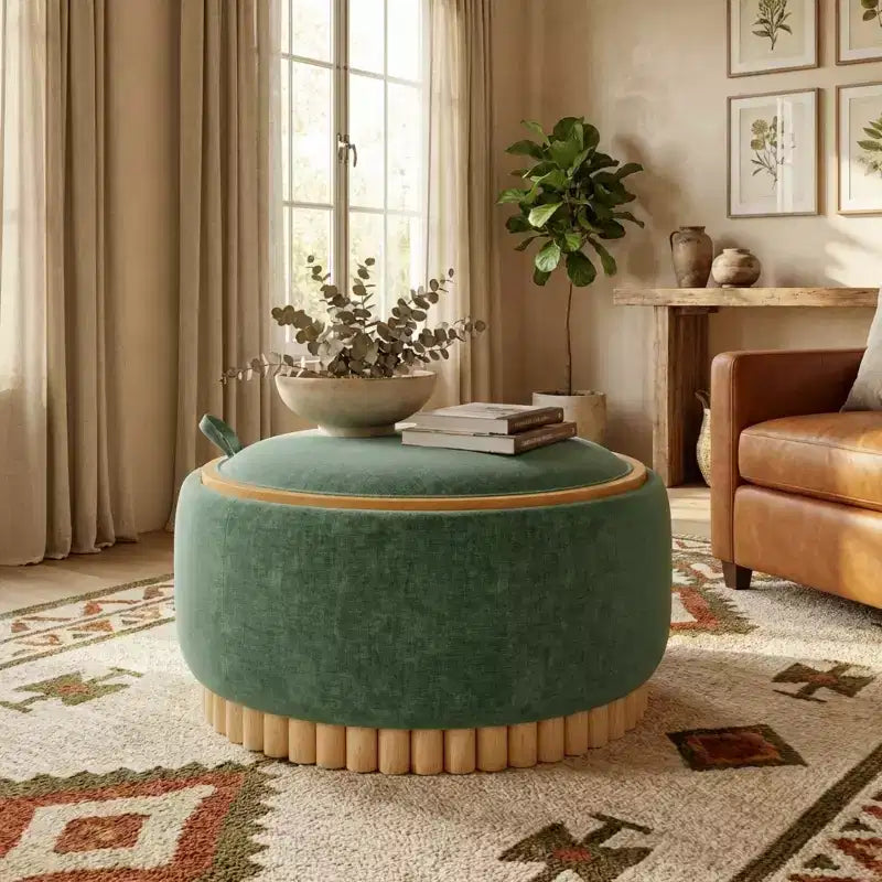 Pouf rotondo Polibi con base cilindrica in legno massello e coperchio reversibile