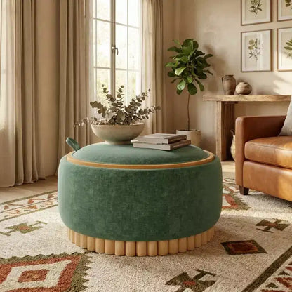 Pouf rotondo Polibi con base cilindrica in legno massello e coperchio reversibile