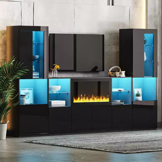 Mobile TV Moderno con Luci a LED per TV da 75 pollici, Tavolino Console Multimediale con Ripiani in Vetro Temperato e Caminetto Non Riscaldante