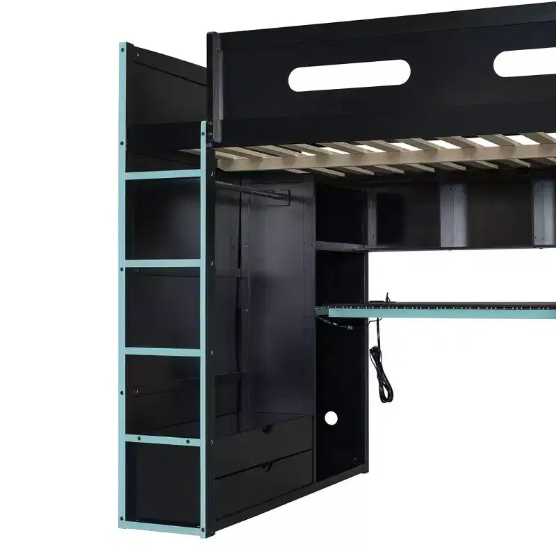 Merax Letto a soppalco a una piazza e mezza con scrivania, armadio, luci LED RGB e porta di ricarica USB Elegante struttura nera con spazio multi-contenitore per gli amanti dei giochi