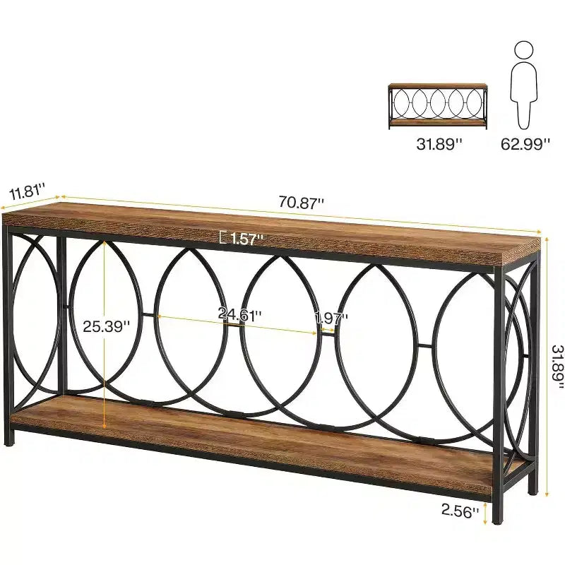 Lantine - Tavolo consolle industriale extra lungo da 180 cm con 2 ripiani e mensola portaoggetti, adatto per soggiorno, ingresso, corridoio, marrone rustico.