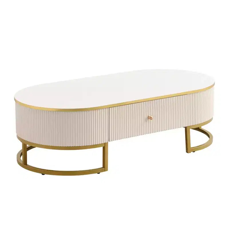 Tavolino da Caffè Moderno 47W, Tavolino da Salotto, Tavolino Centrotavola, Tavolino d'Appoggio con Cassetti, Design dal Profilo Curvo, Gambe in Metallo Dorato, Ovale, Bianco+Oro-ModernLuxe