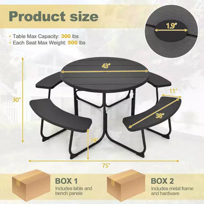 Costway Set Tavolo da Picnic Rotondo da Esterno a 8 Posti con 4 Panche e Foro per Ombrellone Nero/Grigio/Verde/Bianco