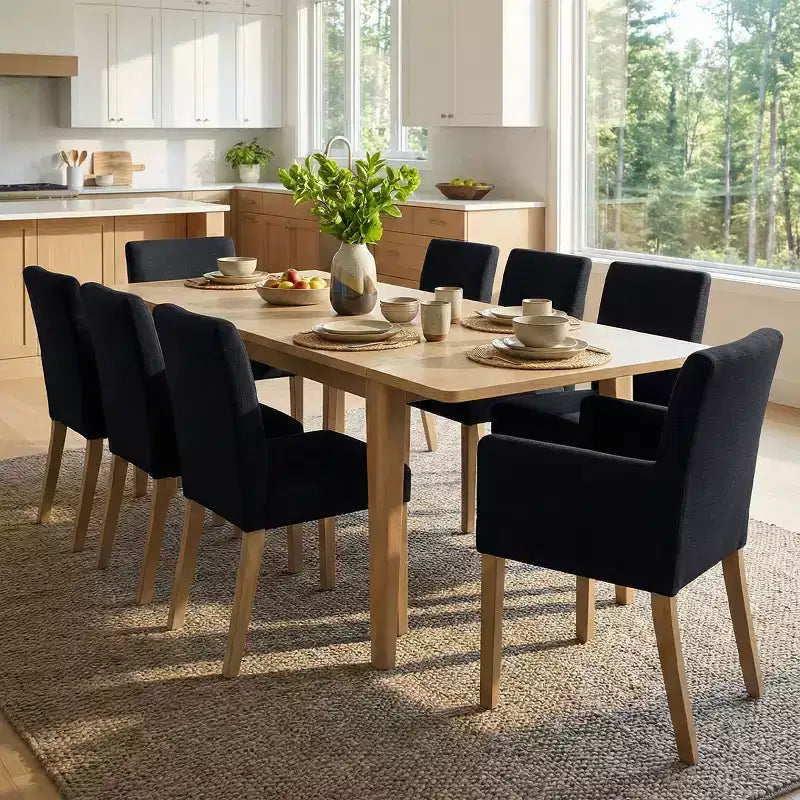 Set da pranzo da 9 pezzi con prolunga, include 6 sedie senza braccioli e 2 poltrone in lino neutro, gambe in legno massello, stile moderno-Panipeachy