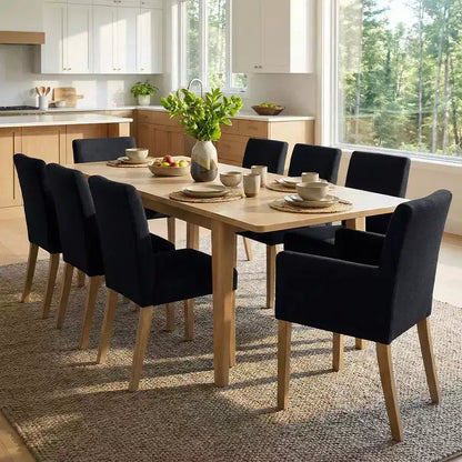 Set da pranzo da 9 pezzi con prolunga, include 6 sedie senza braccioli e 2 poltrone in lino neutro, gambe in legno massello, stile moderno-Panipeachy