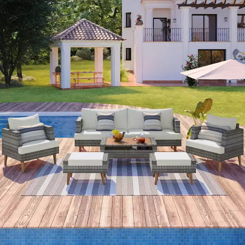 Whisen Set Divani 6 Pezzi in Vimini PE Resistente alle Intemperie, Divano da Esterno in Rattan con Doppi Cuscini