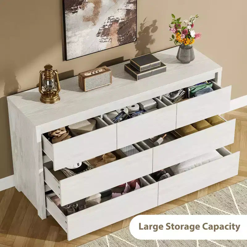 Comò Moderno Largo a 7 Cassetti per Camera da Letto, Grande Cassettiera in Legno con Organizzatore per Soggiorno, Corridoio e Ingresso