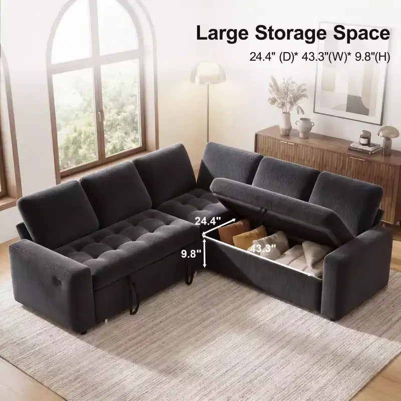 Dyonery Comfy Divano Letto 198 cm, Divano Letto a L in ciniglia con Letto Estraibile e Chaise Longue Contenitore per Soggiorno, Appartamento e Ufficio, Nero