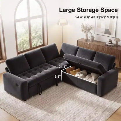 Dyonery Comfy Divano Letto 198 cm, Divano Letto a L in ciniglia con Letto Estraibile e Chaise Longue Contenitore per Soggiorno, Appartamento e Ufficio, Nero