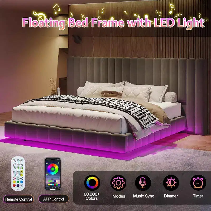 AMERLIFE Letto Imbottito con Luci LED, Design Flottante, Supporto a Doghe Solide