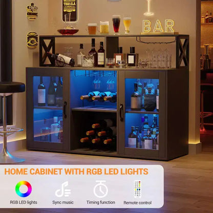 Mobile Bar per la Casa, Mobile Bar con Prese di Corrente, Porta Bicchieri, Mobile Vino con Vani Portaoggetti, Mobile Vino con Ripiani per Cucina e Casa