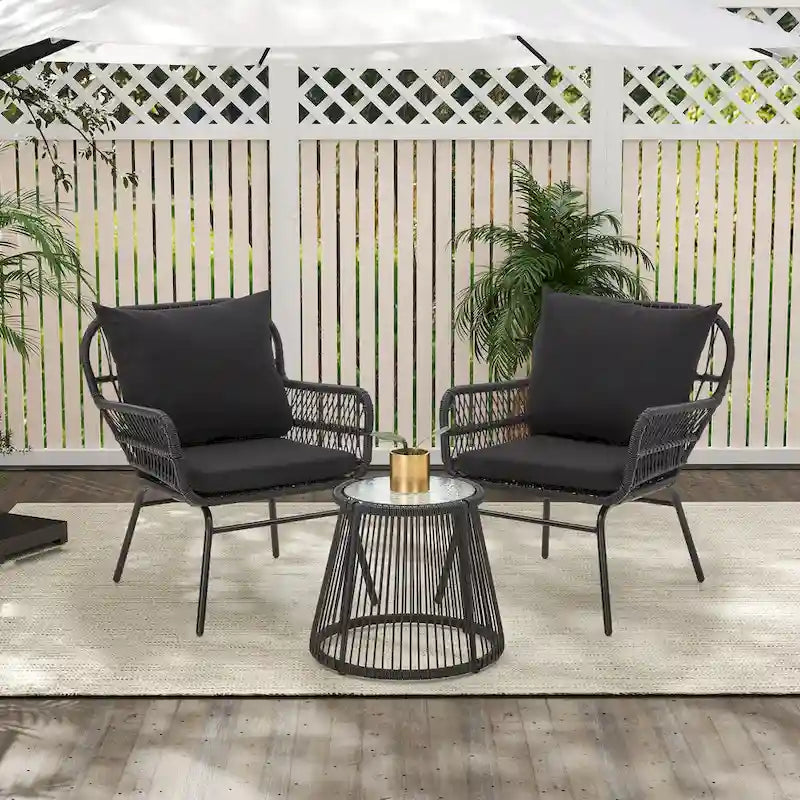 Set da Bistrot da Esterno in Rattan da 3 Pezzi, Set di Mobili da Giardino con Tavolo in Vetro e 2 Ampie Poltrone, Cuscini Inclusi