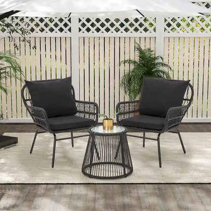 Set da Bistrot da Esterno in Rattan da 3 Pezzi, Set di Mobili da Giardino con Tavolo in Vetro e 2 Ampie Poltrone, Cuscini Inclusi