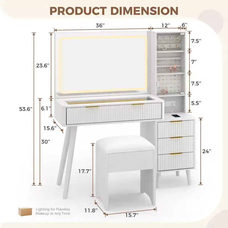 Toeletta da trucco scanalata da 122 cm con specchio e luci LED, stazione di ricarica, sgabello contenitore imbottito per camera da letto