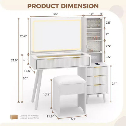Toeletta da trucco scanalata da 122 cm con specchio e luci LED, stazione di ricarica, sgabello contenitore imbottito per camera da letto