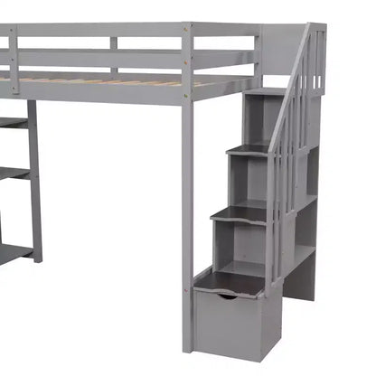 Lit mezzanine double en bois Whisen avec tiroirs de rangement, escalier et étagères
