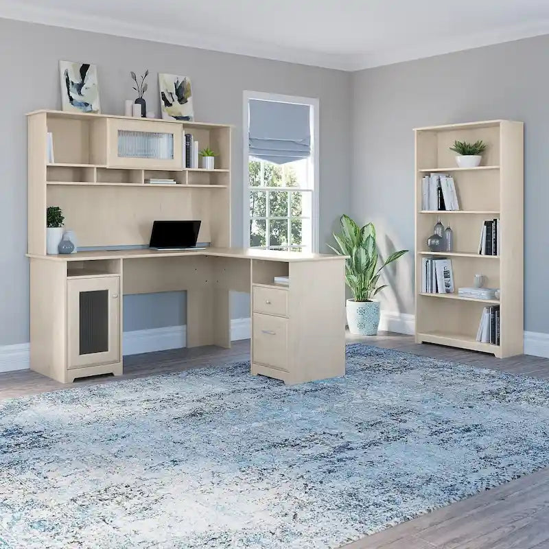 Bureau d'ordinateur en L de 60 pouces avec huche, bibliothèque à 5 étagères et tiroir classeur, capacité de 200 lb sur le bureau
