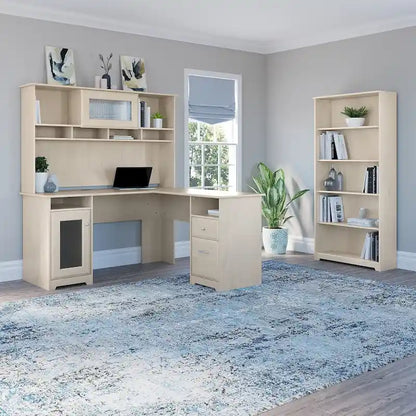 Bureau d'ordinateur en L de 60 pouces avec huche, bibliothèque à 5 étagères et tiroir classeur, capacité de 200 lb sur le bureau