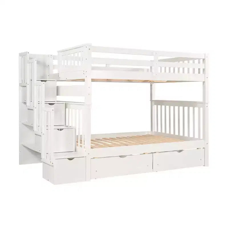 Letto a castello Full over Full con scaletta per bambini, struttura a castello matrimoniale con 6 cassetti e ringhiera per cameretta o dormitorio