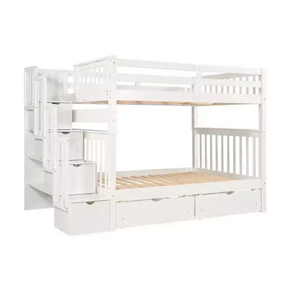 Letto a castello Full over Full con scaletta per bambini, struttura a castello matrimoniale con 6 cassetti e ringhiera per cameretta o dormitorio