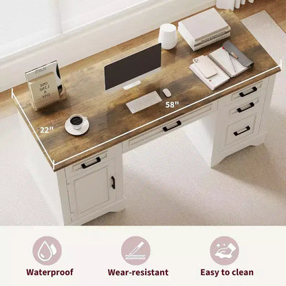 Bureau exécutif de ferme avec rangement, Bureau d'écriture en bois avec 5 tiroirs et armoire, Table d'ordinateur rustique pour salon, chambre à coucher, bureau