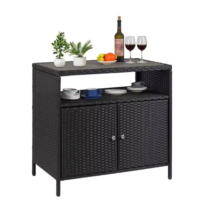 Armadietto portaoggetti da esterno con ante - Contenitore e Tavolo Bar da giardino in rattan resistente alle intemperie