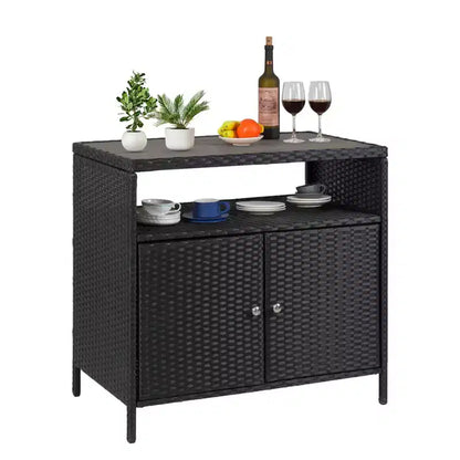 Armadietto portaoggetti da esterno con ante - Contenitore e Tavolo Bar da giardino in rattan resistente alle intemperie