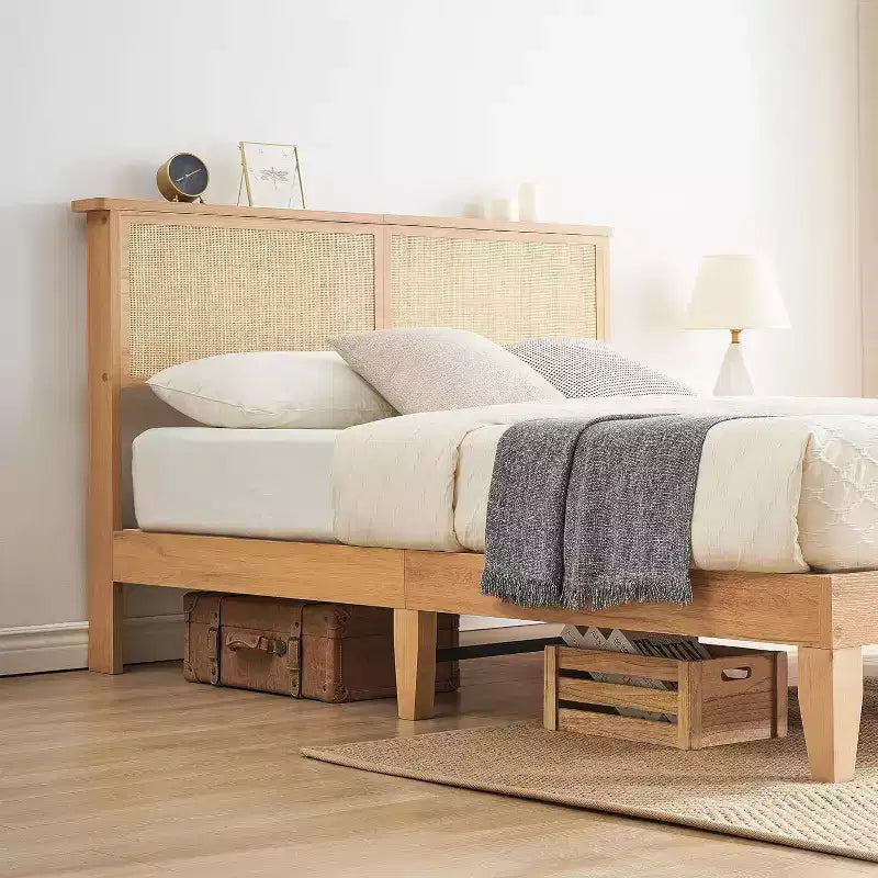 Struttura Letto in Rattan con Testiera Naturale, Luci a LED, Doghe in Legno Massello, Spazio Contenitore, Nessuna Rete a Molle Necessaria