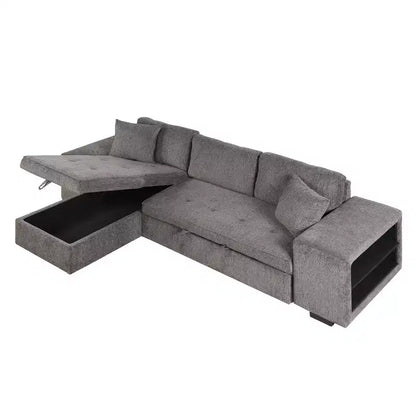 Divano Sezionale Reversibile a L con Letto e Chaise Longue Contenitore e 2 Sgabelli - Divano Letto Convertibile a 3 Posti per Soggiorno da 104,5"