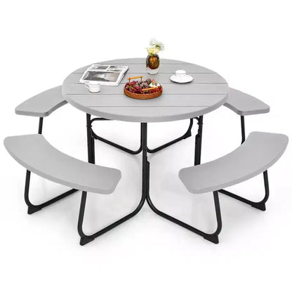 Costway Set Tavolo da Picnic Rotondo da Esterno a 8 Posti con 4 Panche e Foro per Ombrellone Nero/Grigio/Verde/Bianco