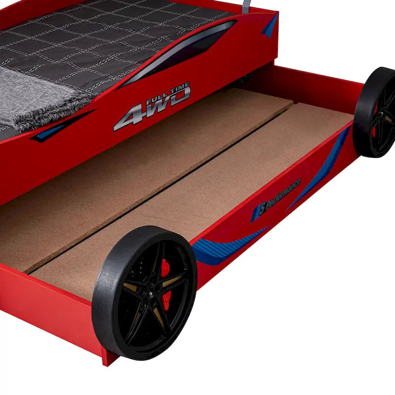 Lit enfant voiture de course double avec lit gigogne, finition brillante, pas besoin de sommier tapissier