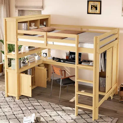 Letto a soppalco in legno con armadio e libreria, letto a soppalco Queen Size con guardaroba e scrivania per bambini, naturale