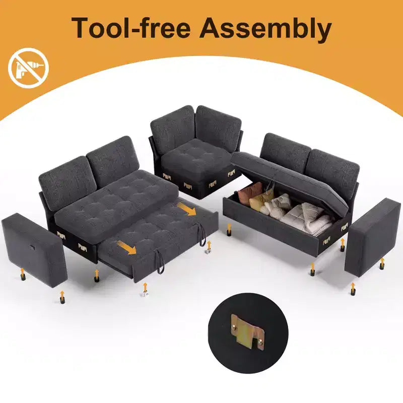 Dyonery Comfy Divano Letto 198 cm, Divano Letto a L in ciniglia con Letto Estraibile e Chaise Longue Contenitore per Soggiorno, Appartamento e Ufficio, Nero