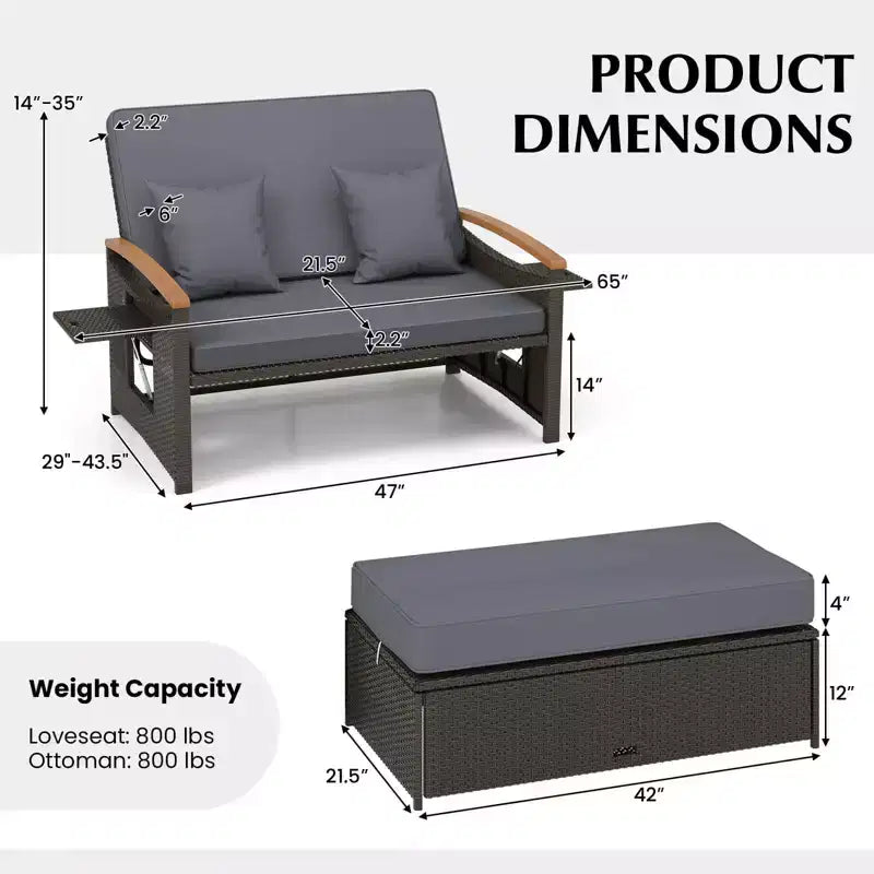 Set divano letto in rattan per esterni Costway con divanetto imbottito e poggiapiedi contenitore per veranda Beige/Blu marino/Rosso/Turchese/Nero/Grigio