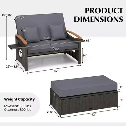 Set divano letto in rattan per esterni Costway con divanetto imbottito e poggiapiedi contenitore per veranda Beige/Blu marino/Rosso/Turchese/Nero/Grigio
