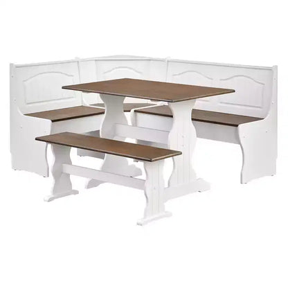 Buylateral Lot de 3 ensemble de salle à manger d'angle pour petit-déjeuner en bois massif Washington Farmhouse blanc/noyer foncé : en forme de L, pin massif, banc de rangement