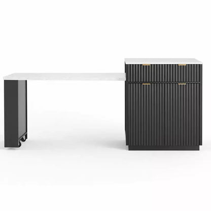 Îlot de cuisine cannelé avec table extensible, prise électrique et rangement double face
