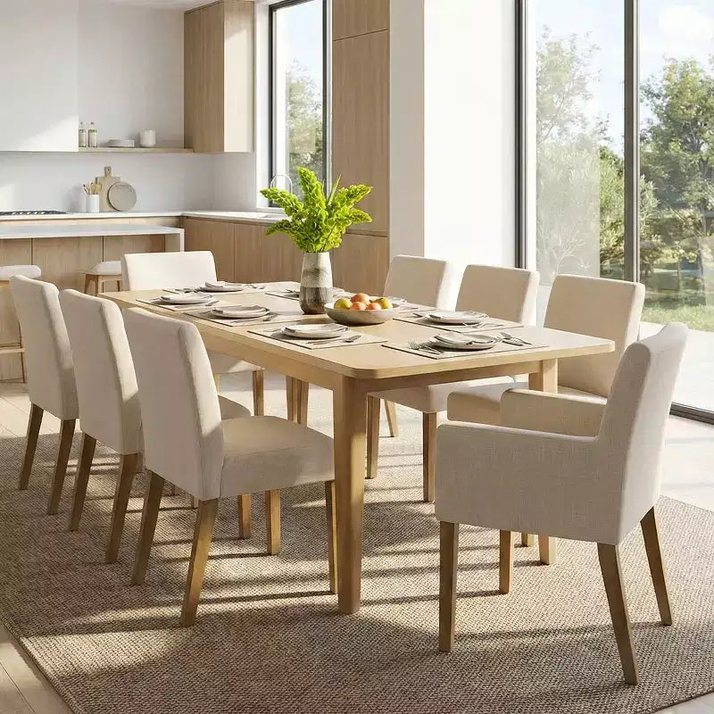 Set da pranzo da 9 pezzi con prolunga, include 6 sedie senza braccioli e 2 poltrone in lino neutro, gambe in legno massello, stile moderno-Panipeachy