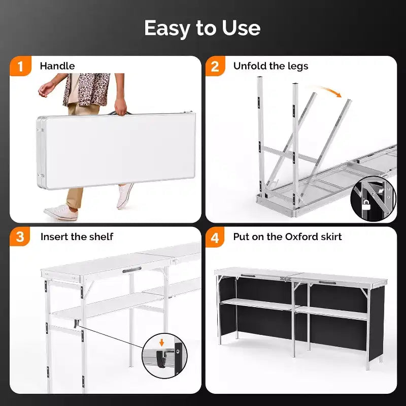 VINGLI Table de bar portable 78, 2 étagères, table de bar mobile pour événements, fêtes, camping, pique-niques, salons professionnels, intérieur avec jupe noire