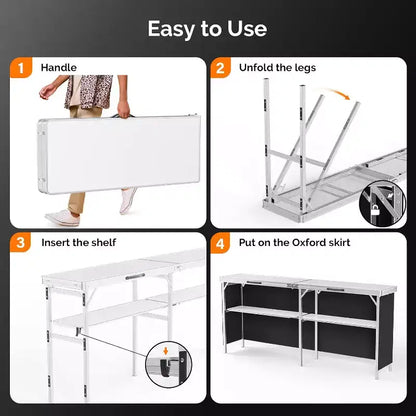 VINGLI Table de bar portable 78, 2 étagères, table de bar mobile pour événements, fêtes, camping, pique-niques, salons professionnels, intérieur avec jupe noire