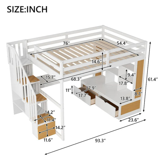 Letto a soppalco in legno massello naturale + bianco con scrivania e cassetti