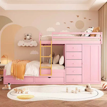 Lit superposé complet Whisen avec 2 grands tiroirs, 5 petits tiroirs et petite armoire