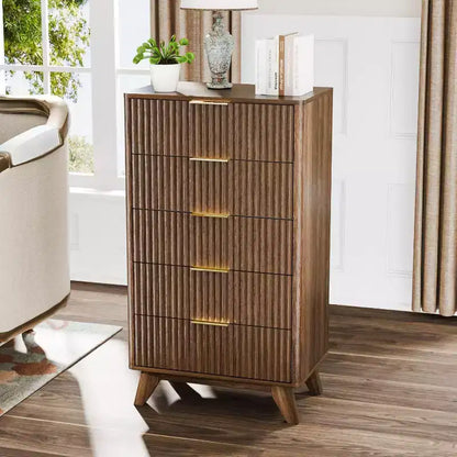 Commode haute à 5 tiroirs cannelés — Noyer, style Mid-Century Modern