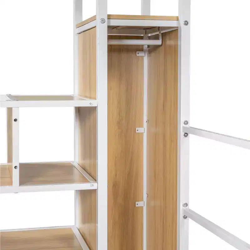 Lit mezzanine en métal Whisen 94''L x 40.9''W avec poste de travail intégré, armoire, escalier de rangement et LED, sécurité garantie