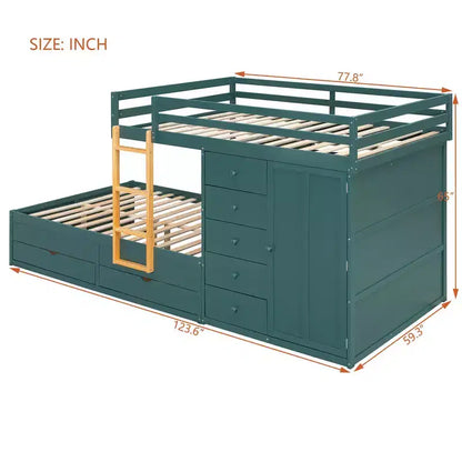 Lit superposé complet Whisen avec 2 grands tiroirs, 5 petits tiroirs et petite armoire