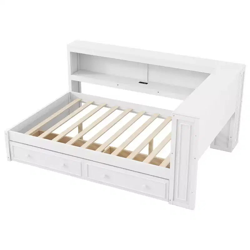 Letto angolare a grandezza naturale con cassetti portaoggetti, libreria, struttura letto a giorno in legno a forma di L con testiera a libreria per soggiorno