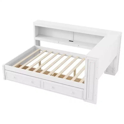 Letto angolare a grandezza naturale con cassetti portaoggetti, libreria, struttura letto a giorno in legno a forma di L con testiera a libreria per soggiorno