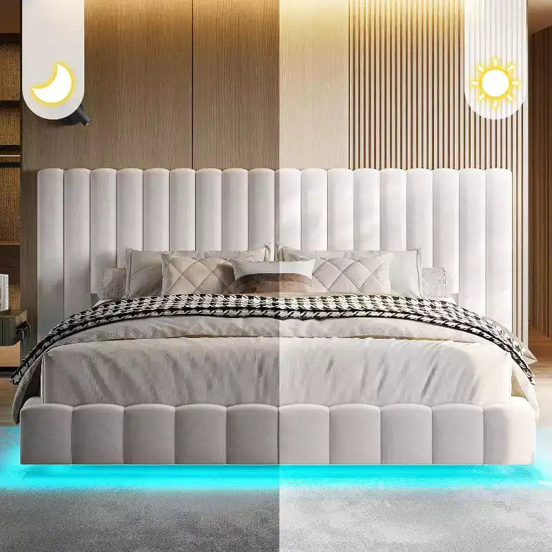 AMERLIFE Letto Imbottito con Luci LED, Design Flottante, Supporto a Doghe Solide
