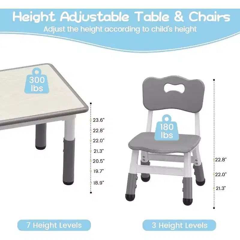 Table et 6 Chaises pour Enfants - Table d'Activités et de Repas à Hauteur Réglable pour Tout-Petits de 3 à 10 Ans, 136 kg